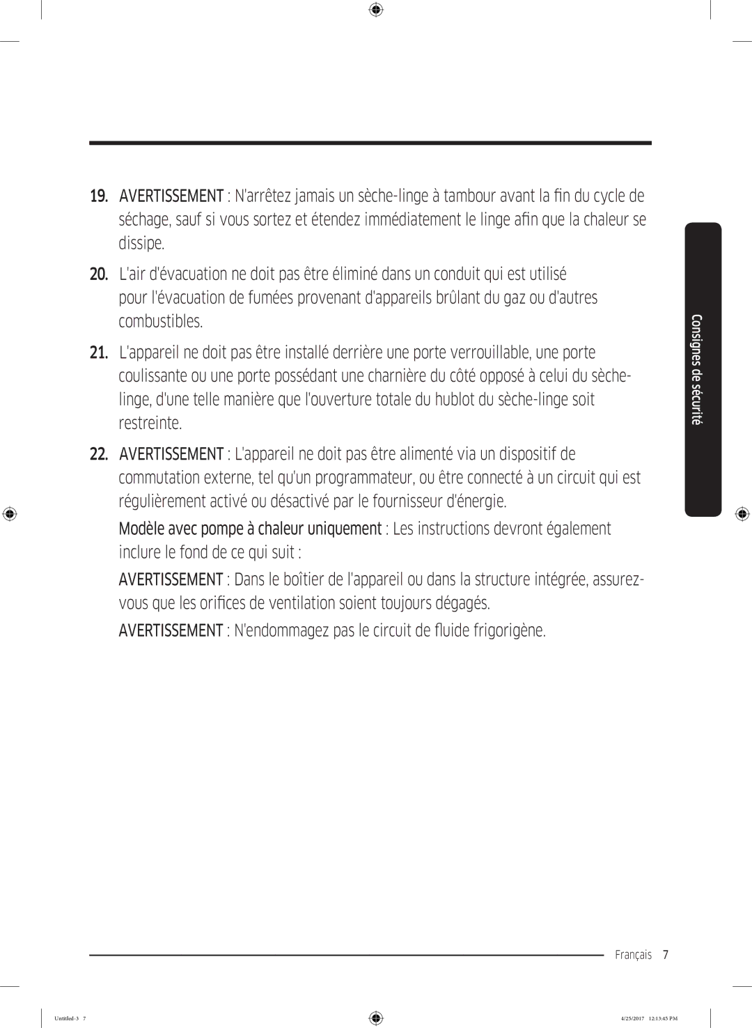 Samsung DV80M52101W/EF, DV80M52103X/EF, DV70M5020KW/EF, DV90M52001W/EF, DV80M50101W/EF, DV80M5010KW/EF manual Français 7  